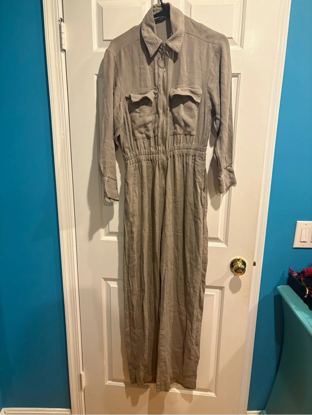 Zara utility coverall jumpsuit M taupe zipper elastic waist safari linen blend